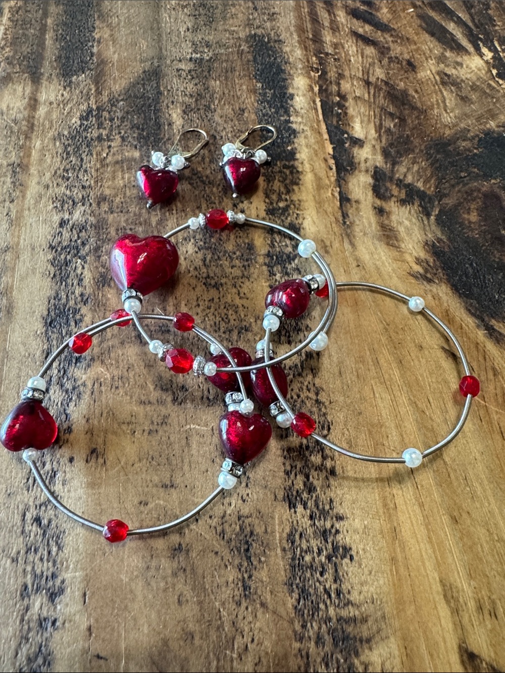 Red Heart Bead Hoop Earrings and Bracelets Set - Elegant Women’s Jewelry